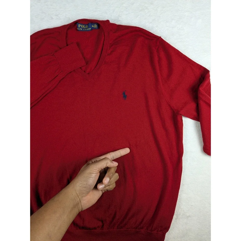 Polo Ralph Lauren‎ Mens Red V Neck Long Sleeve Merino Wool Sweater XL READ